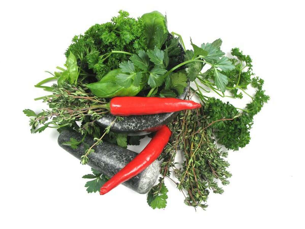 Mixed vegetables and herbs.