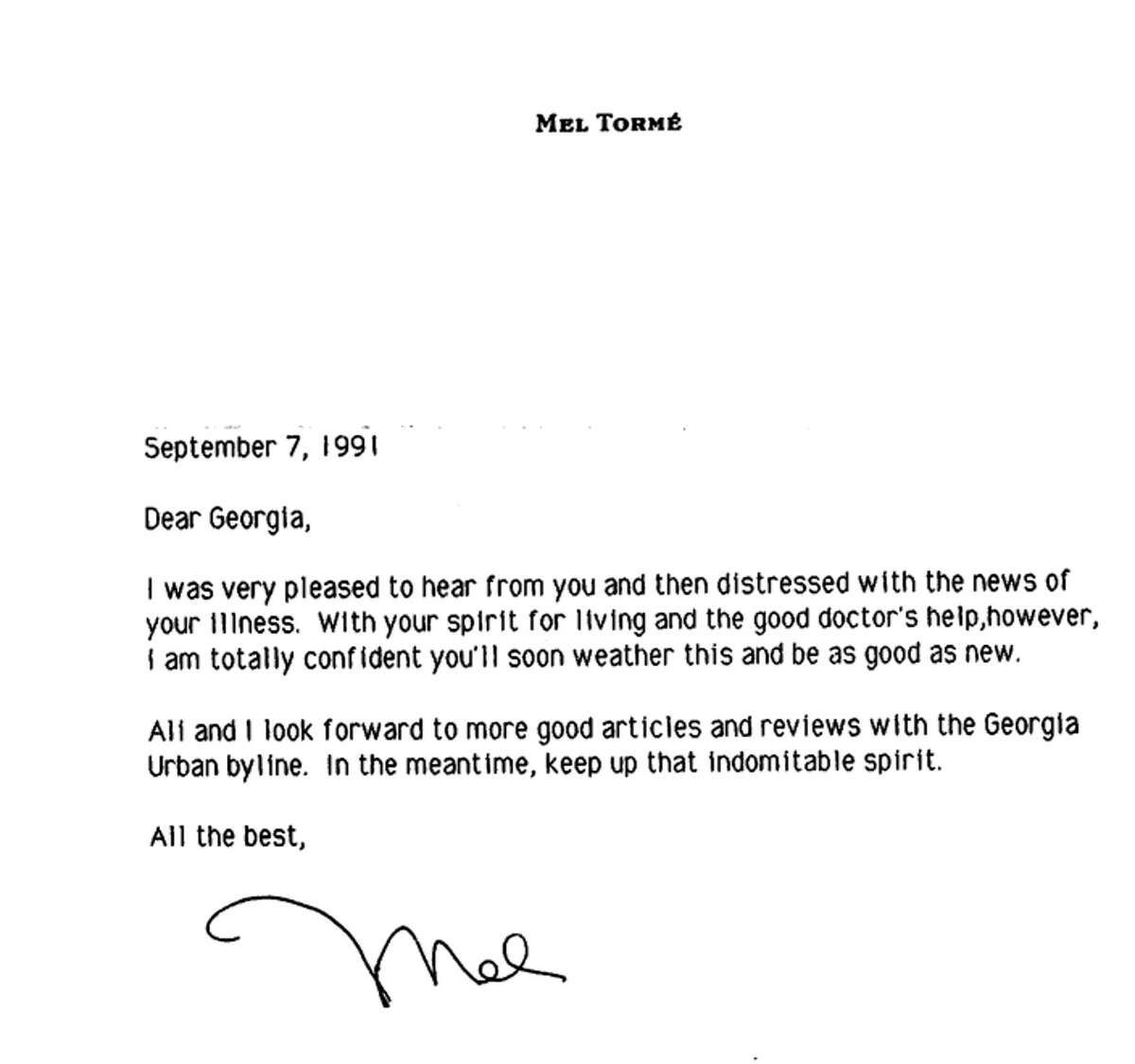 A letter from jazz singer Mel Tormé to the writer Georgia Urban.