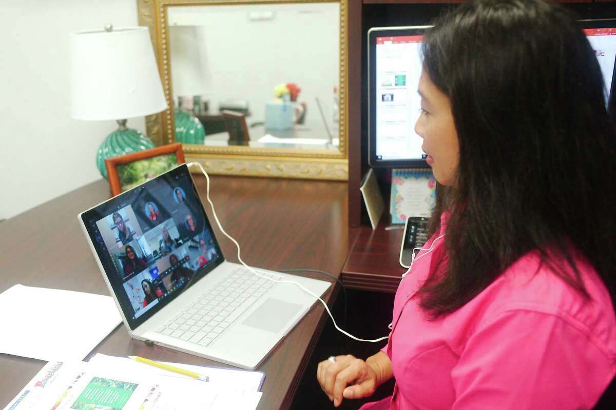 Chenda Moore, Pearland ISD coordinator of guidance services, meets with district elementary school counselors via group video conferencing. She and her teamare developing plans for virtual counseling of students and creating videos on self-care and conflict resolution.