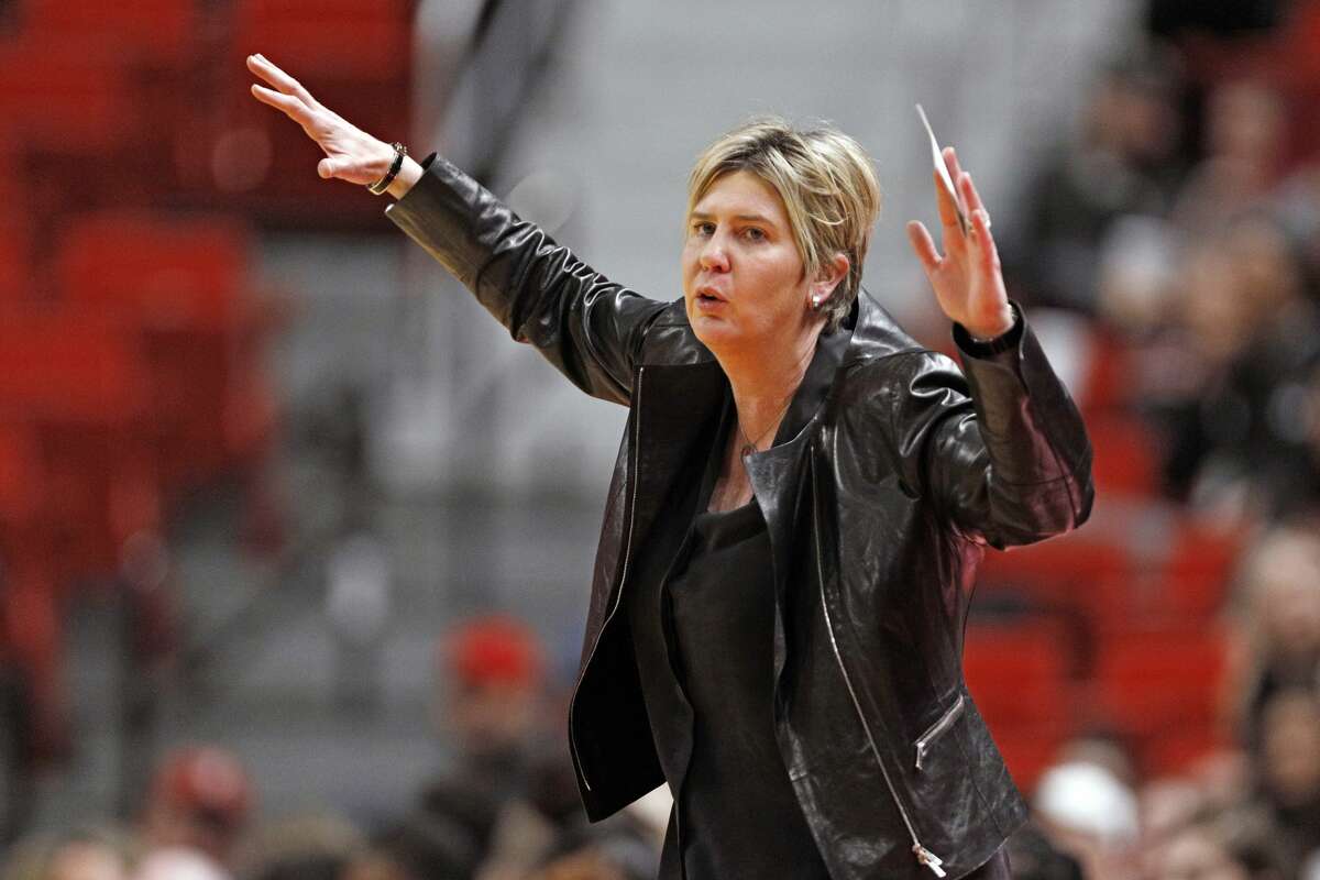 In this Feb. 18, 2020, file photo, Texas Tech coach Marlene Stollings reacts to a play during the second half of an NCAA college basketball game against Baylor in Lubbock.  (AP Photo/Brad Tollefson, File)