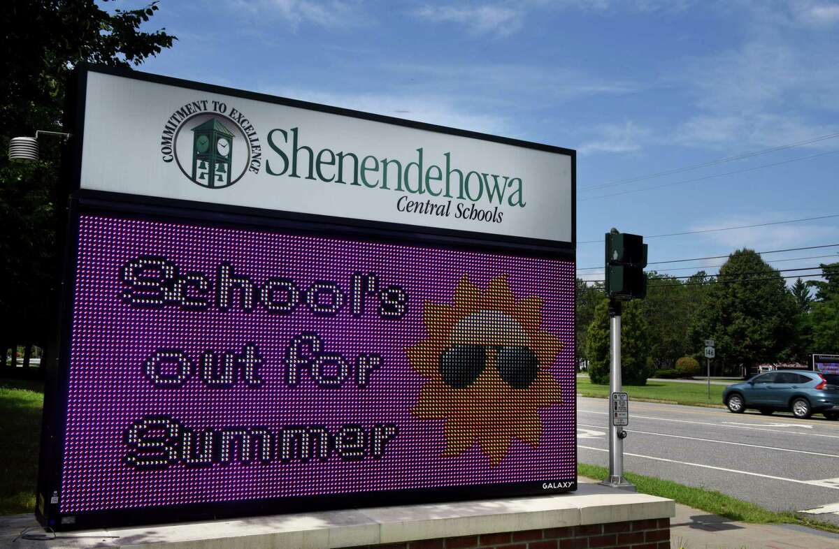 A sign celebrating summer break is displayed at the Shenendehowa Central School District campus on Friday, Aug. 7, 2020, in Clifton Park, N.Y. Gov. Andrew Cuomo said that schools can open this fall. (Will Waldron/Times Union)