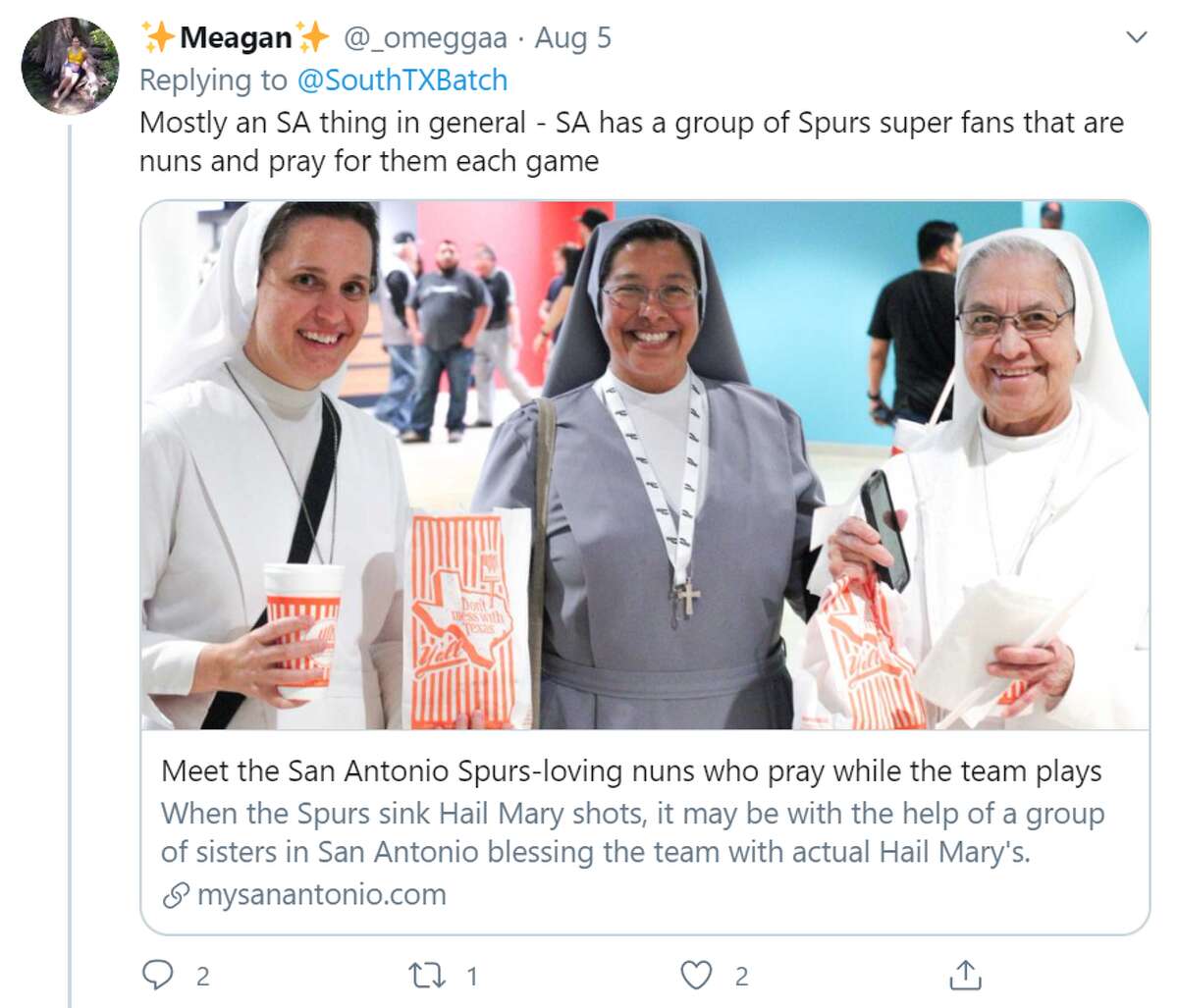 @_omeggaa said "Mostly an SA thing in general - SA has a group of Spurs super fans that are nuns and pray for them each game."