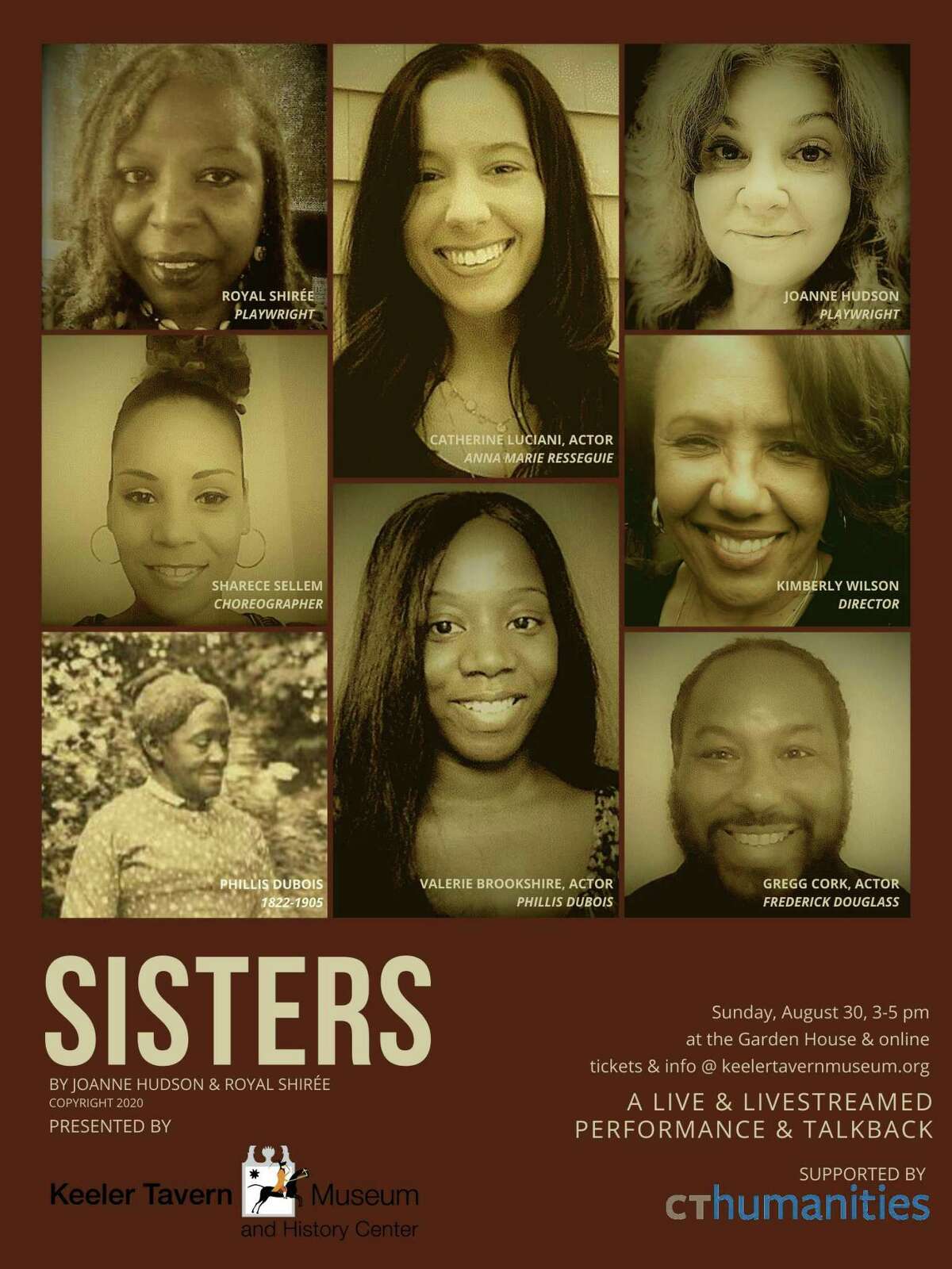 Sisters playwrights, director, cast, choreographer, and Phillis Dubois, one of two women who are the subject of the play, presented by Keeler Tavern Museum & History Center and performed live at the Garden House and livestreamed on Aug. 30.