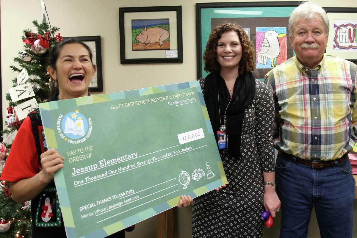 The Pasadena ISD Education Foundation is striving to keep donations coming during the pandemic for projects such as this $1,172 minigrant check for bilingual learning software that it awarded Jessup Elementary School teacher Maria Lucord in 2017.