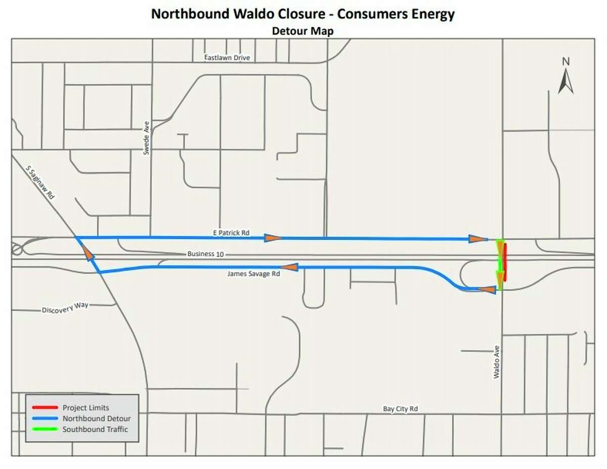 The City of Midland offered a detour route for drivers during a Consumers Energy Project that will close a portion of Waldo Avenue. (Map provided/City of Midland)