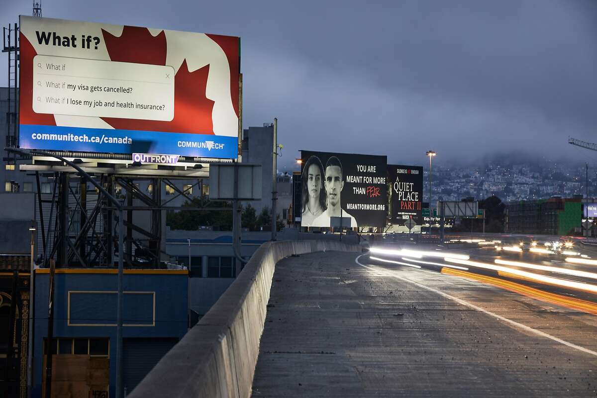 Communitech, which promotes the tech industry in Canada, is running a billboard campaign along Highway 101, encouraging overseas workers to check out jobs in Canada which is more hospitable to them.