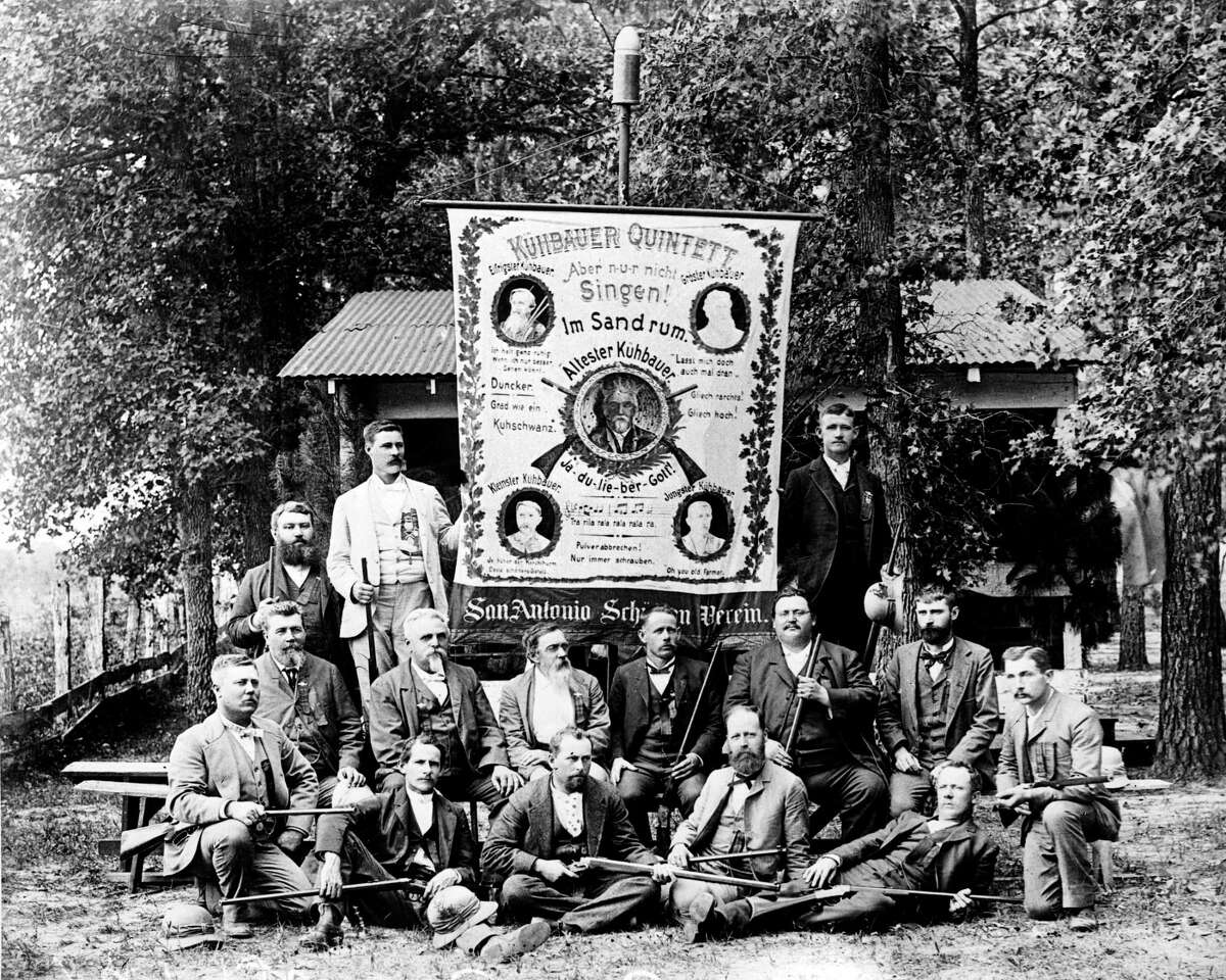 Members of the San Antonio Schuetzen Verein, a traditional German American shooting club, pose for a photo in the 1890s. Matches against other clubs in other towns were social gatherings, often including live music.