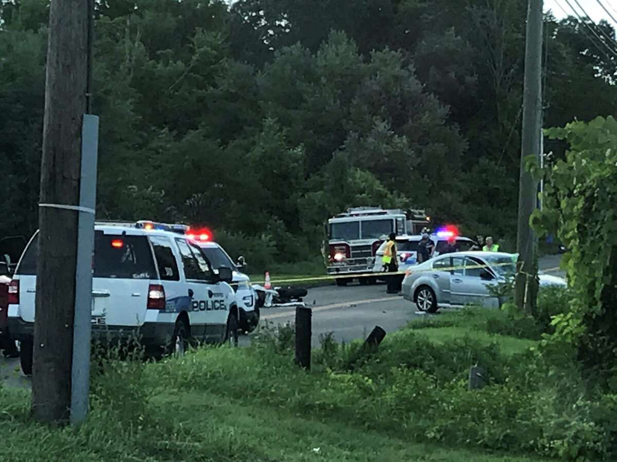 A serious crash involving a motorcycle on Candlewood Lake Road in Brookfield, Conn., on Saturday, Aug. 8, 2020.