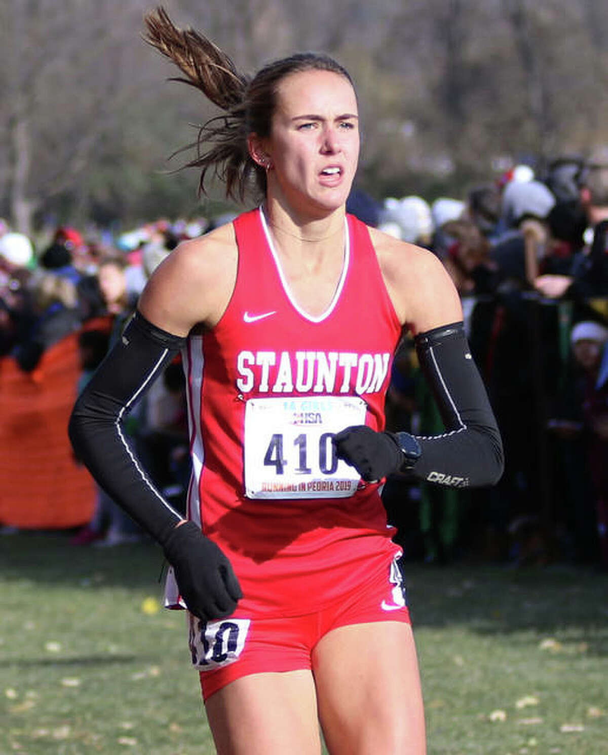 Staunton’s Lydia Roller approaches the finish to place second in 16 minutes, 58.87 seconds in the Class 1A state meet last season in Peoria.