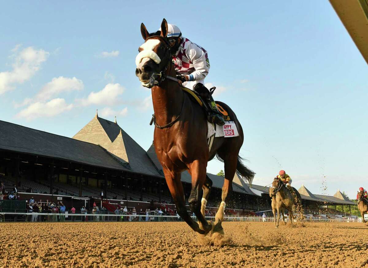 Tiz the Law with jockey Manny Franco leads the field to the finish line and wins convincingly the 151st running of The Travers presented by Runhappy at the Saratoga Race Course Saturday Aug.8, 2020 in Saratoga Springs, N.Y. Photo by Skip Dickstein/Special to the Times Union
