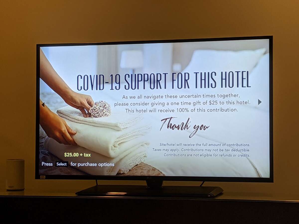 A guest at Seattle Motif hotel was surprised to see a plea for donations to the hotel on his in-room TV.