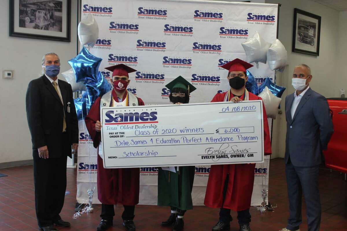 LISD Sames Drive 4 Education Scholarship recipients (from left to right: Ignacio Salazar, Garcia Early College High School, Brianna Hernandez, Nixon High School, and Jonathan Cortez, Martin High School, along with LISD Assistant Superintendent for Compliance and School Safety Oscar Perez and Sames General Manager Thomas Pina were recently present at the Sames Scholarship presentation at Sames Auto Dealership.