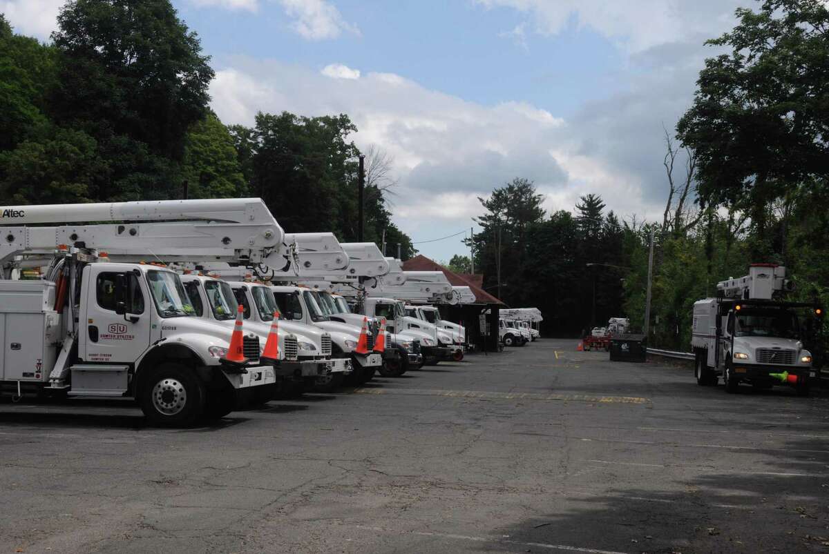 Eversource says it has 2,300 line and tree crews working in Connecticut, many of them brought in from out of state. Visiting utility trucks were in evidence in Branchville train station in Ridgefield on Saturday.