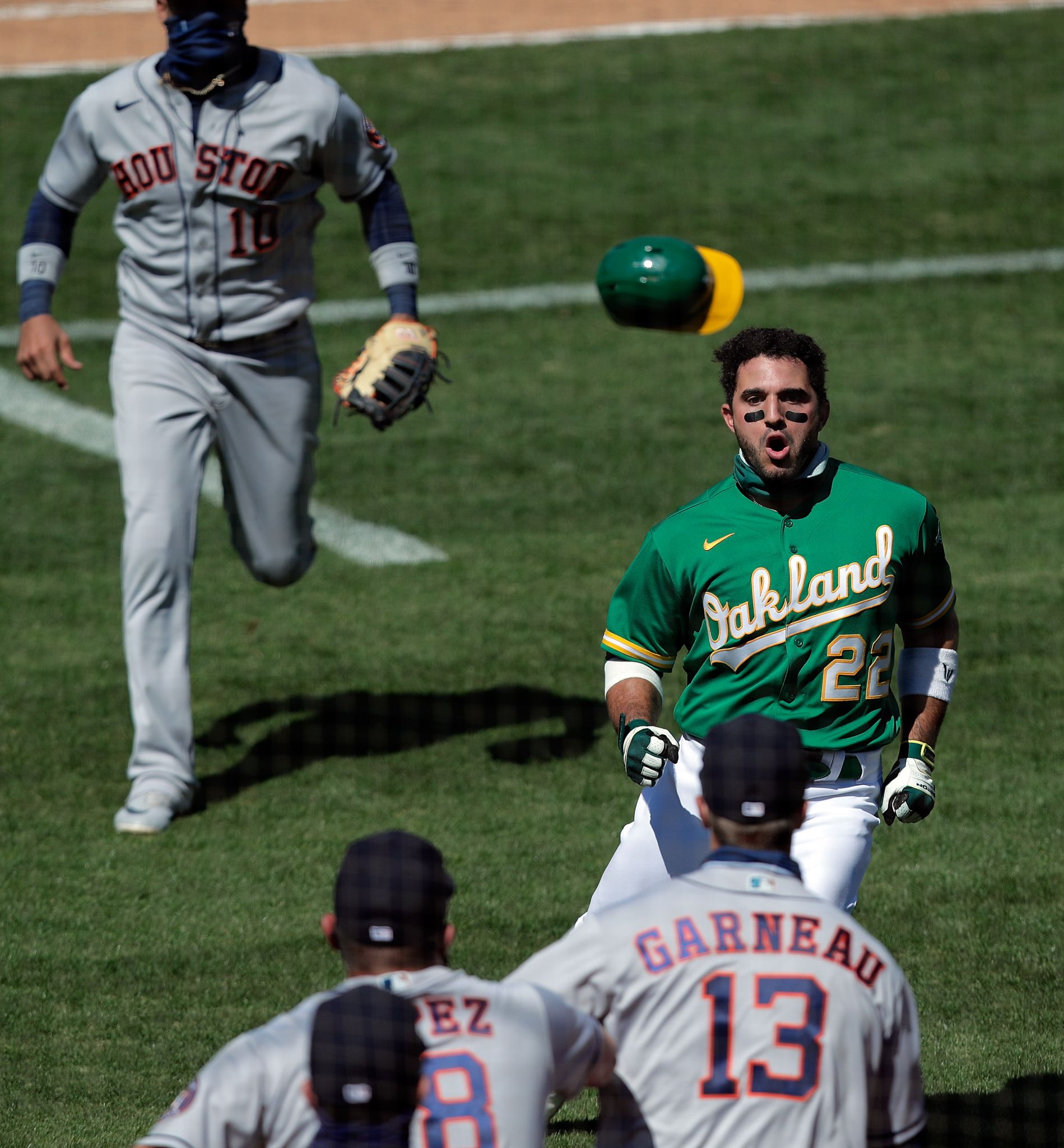 Oakland Athletics center fielder Ramon Laureano cannot catch a single hit  by Houston Astros' Aledmys Diaz during the fifth inning of a baseball game  in Oakland, Calif., Friday, July 8, 2022. (AP