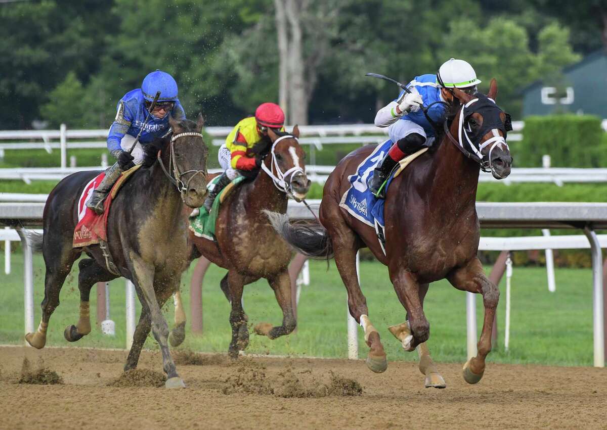 #3 Spinoff with jockey Irad Ortiz Jr. leads the charge to the finish and the win in the Alydar Stakes at the Saratoga Race Course Sunday Aug.9, 2020 in Saratoga Springs, N.Y. Photo by Skip Dickstein/Special to the Times Union
