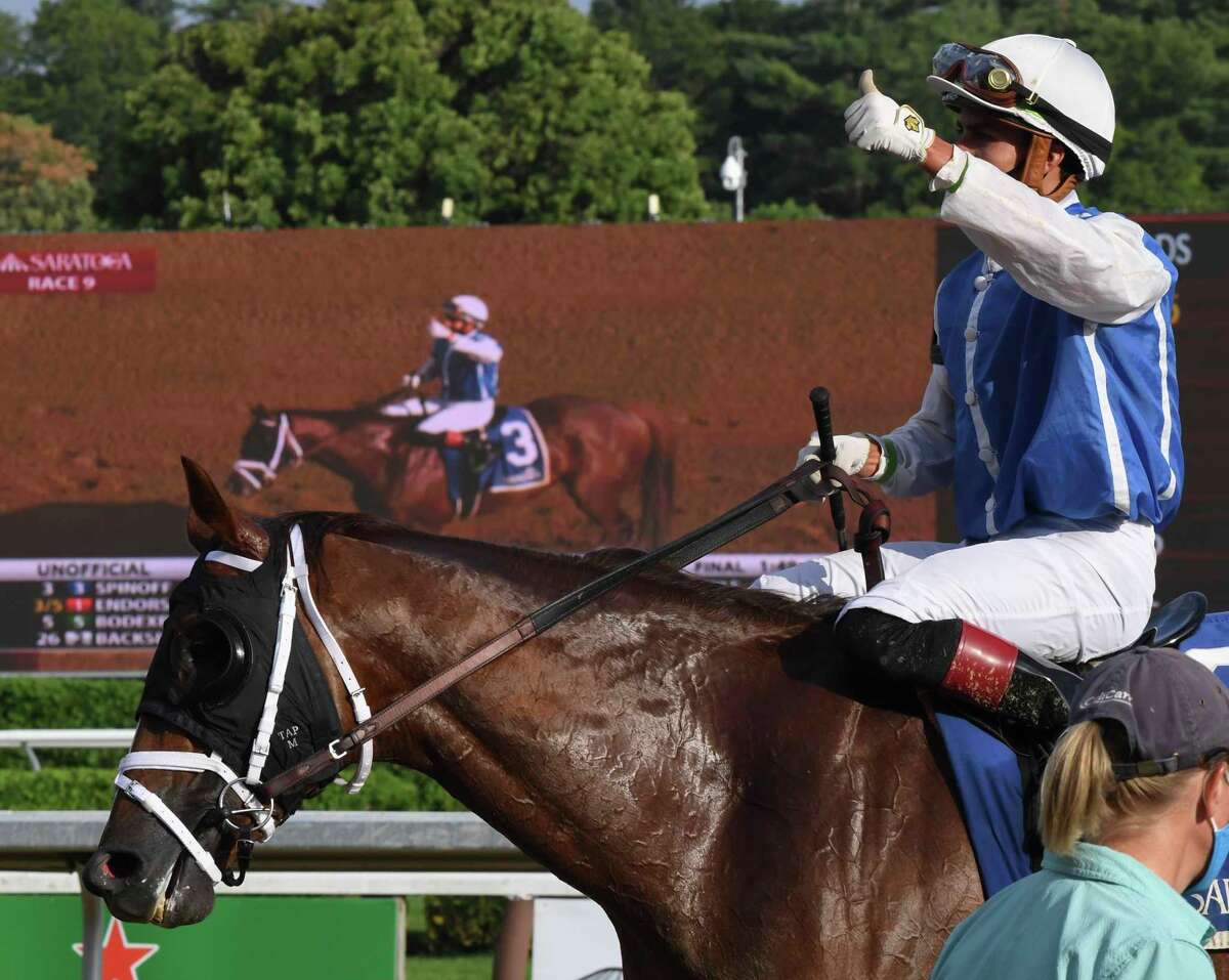 Spinoff heads to the winnerA?•s circle with jockey Irad Ortiz Jr. after winning The Alydar Stakes at the Saratoga Race Course Sunday Aug.9, 2020 in Saratoga Springs, N.Y. Photo by Skip Dickstein/Special to the Times Union