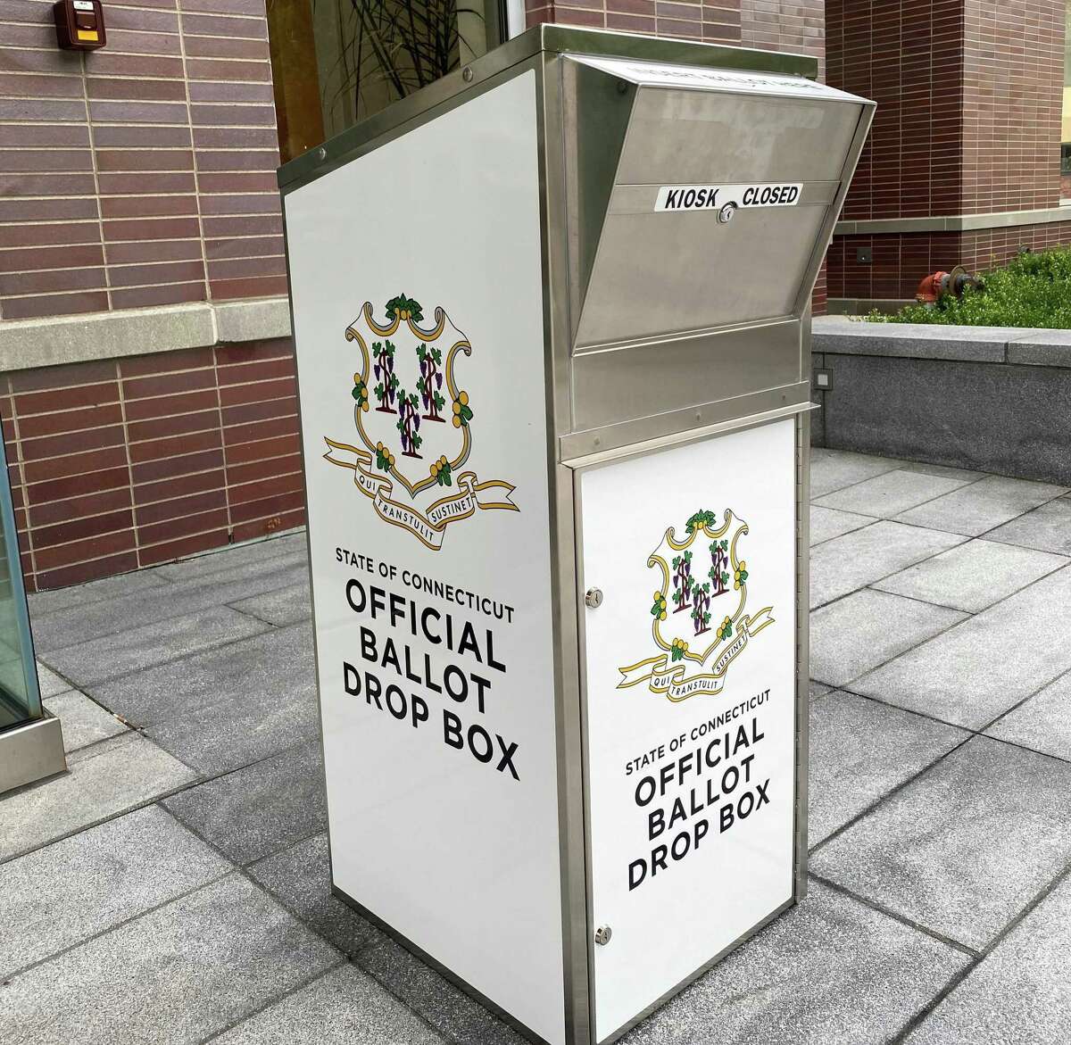 This is the ballot box in front of New Canaan Town Hall that can be used for absentee ballots for the referendum, after a recent executive order from Gov. Ned Lamont.