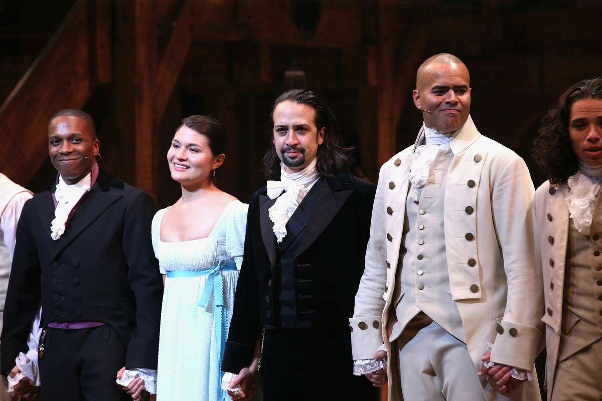 NEW YORK, NY - AUGUST 06: (L-R) Leslie Odom; Jr., Phillipa Soo, Lin-Manuel Miranda and Christopher Jackson attend "Hamilton" Broadway Opening Night at Richard Rodgers Theatre on August 6, 2015 in New York City. (Photo by Neilson Barnard/Getty Images)