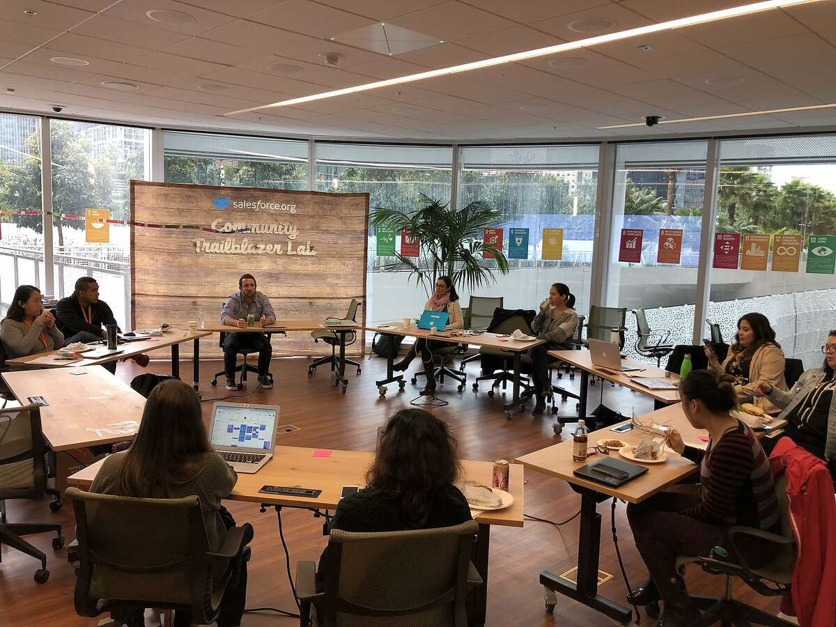 San Francisco and Oakland teachers visit Salesforce for a professional development session before the coronavirus pandemic. Salesforce is issuing $20 million in school grants around the country.