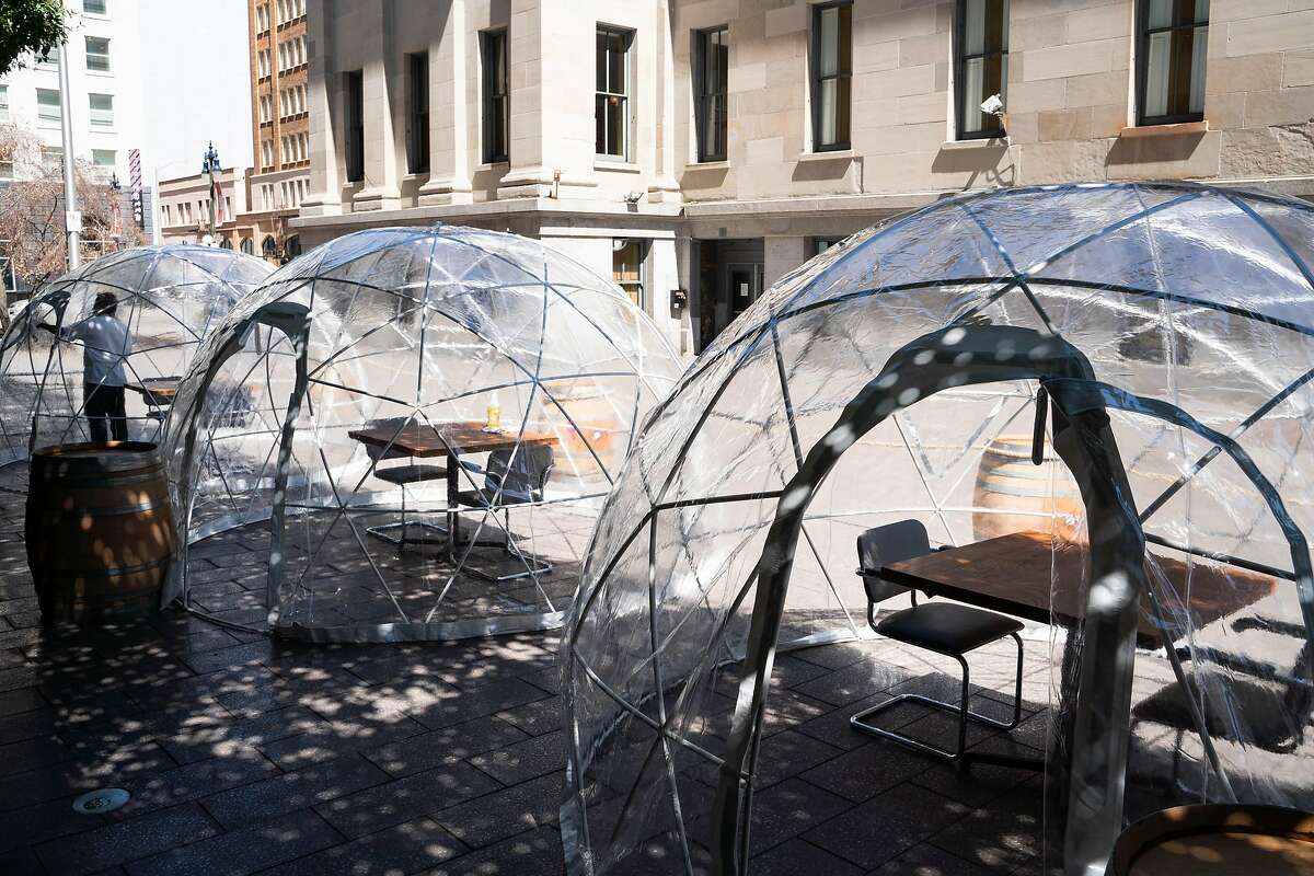 Three domes are set up outside of Hashiri, a fine dining restaurant, in San Francisco, Calif., on Thursday, August 6, 2020.