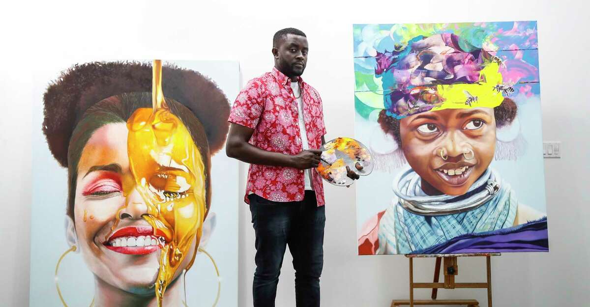 Mathieu Jean Baptiste, shown in his studio, created a mural for Woman’s Hospital of Texas.