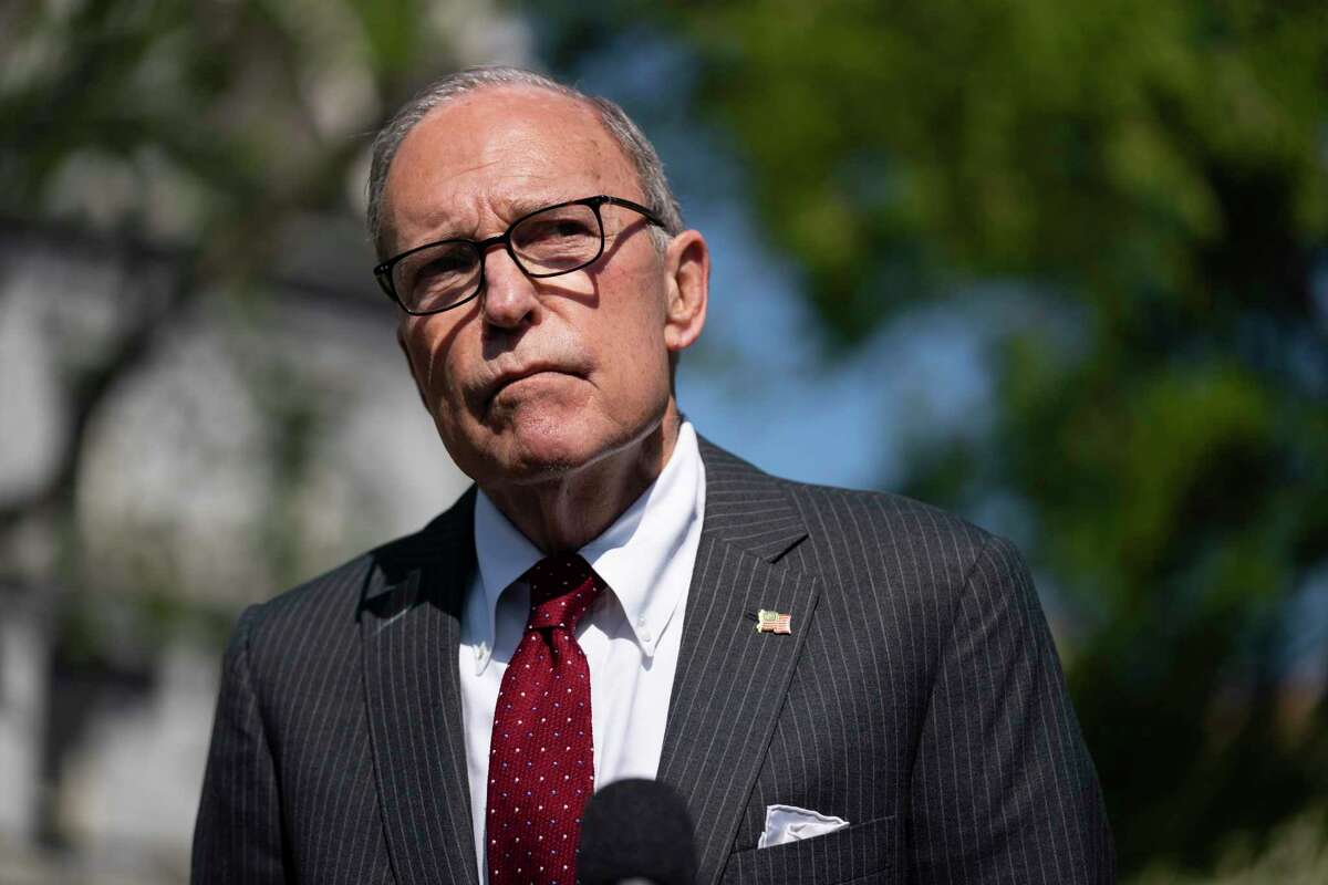 White House chief economic adviser Larry Kudlow talks to reporters at the White House on April 6 in Washington.
