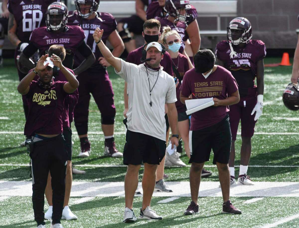 Head coach Jake Spavital gestures during Texas State University football practice at Bobcat Stadium on Tuesday, Aug. 11, 2020.