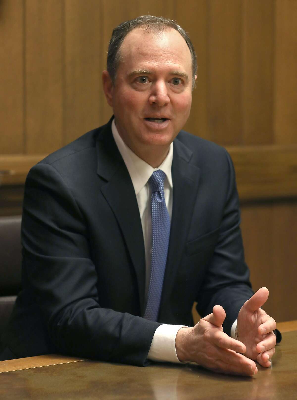 Rep. Adam Schiff, D-Calif., talks to the San Francisco Chronicle editorial board, at the newspaper on Friday, March 22, 2019, in San Francisco, Calif.