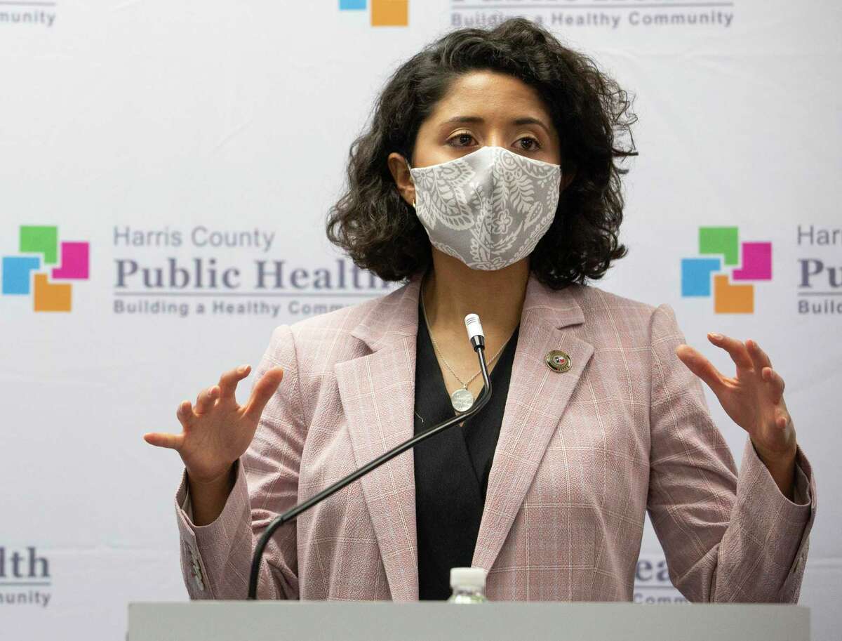 Harris County Judge Lina Hidalgo answers questions during a press conference after meeting the newest class of the contact tracers May 13 at Harris County Public Health Department in Houston.