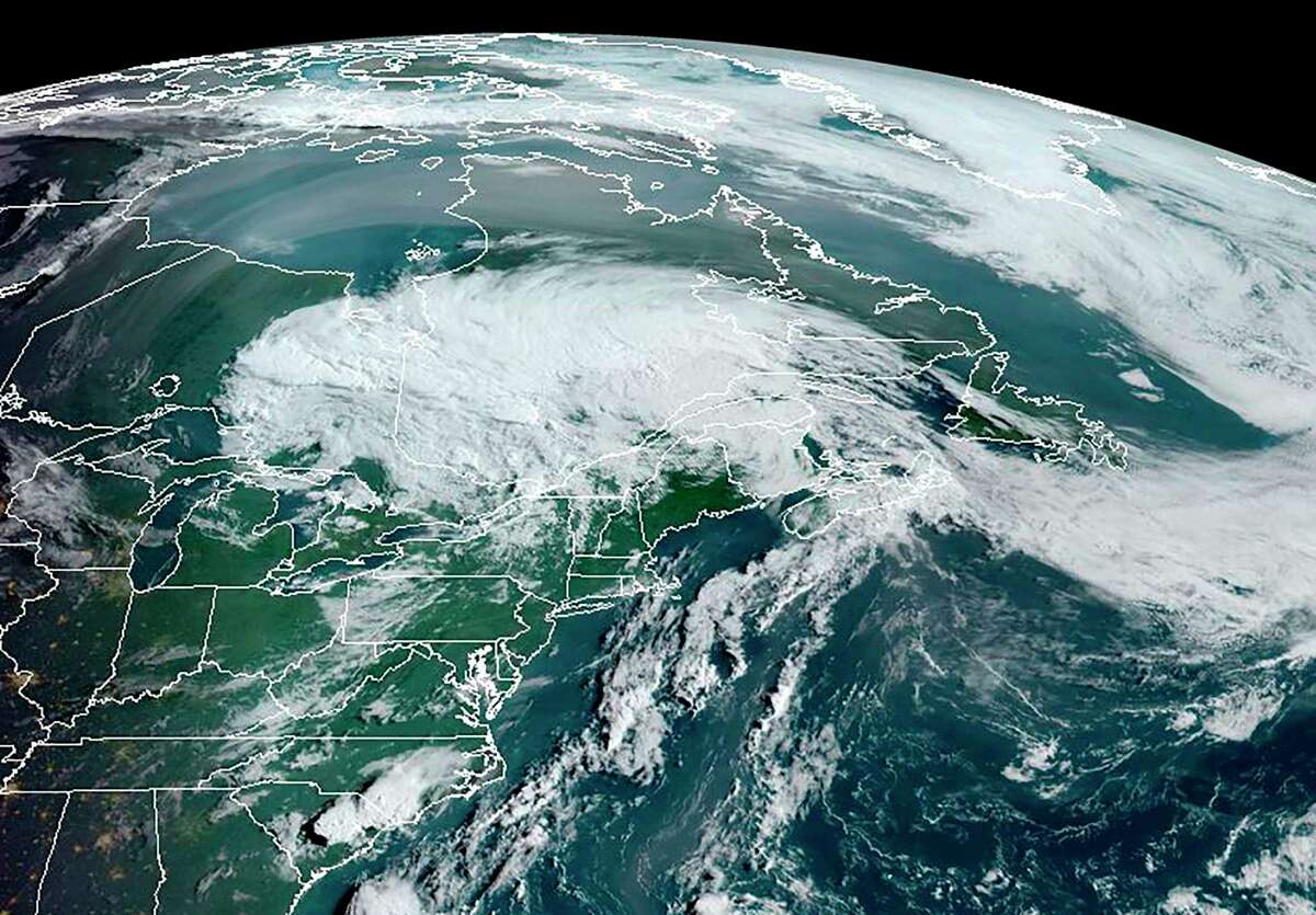 This RAMMB/NOAA satellite image obtained on August 5, 2020 at 12:00 UTC shows Tropical storm Isaias over the northeastern part of the US and southeastern Canada.