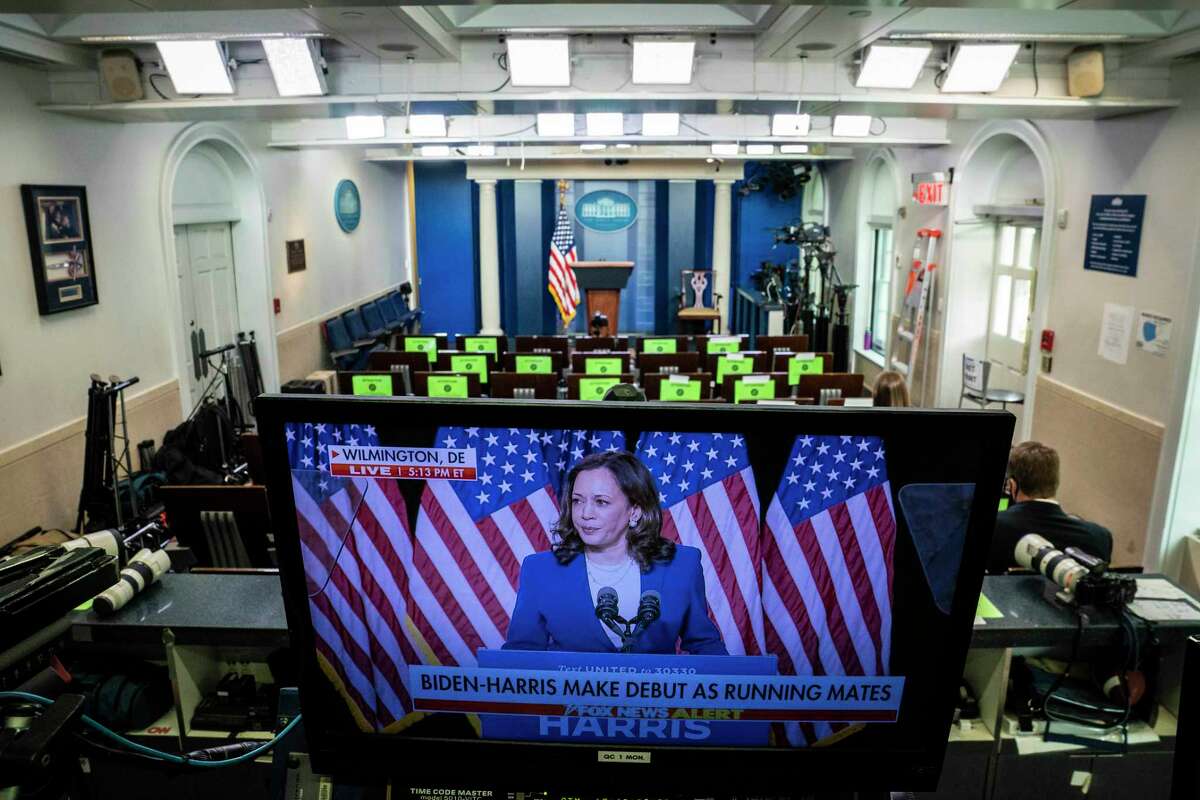 Presumptive Democratic vice presidential nominee Kamala Harris is pictured on a monitor in the White House press briefing room on Wednesday, Aug. 12, 2020.