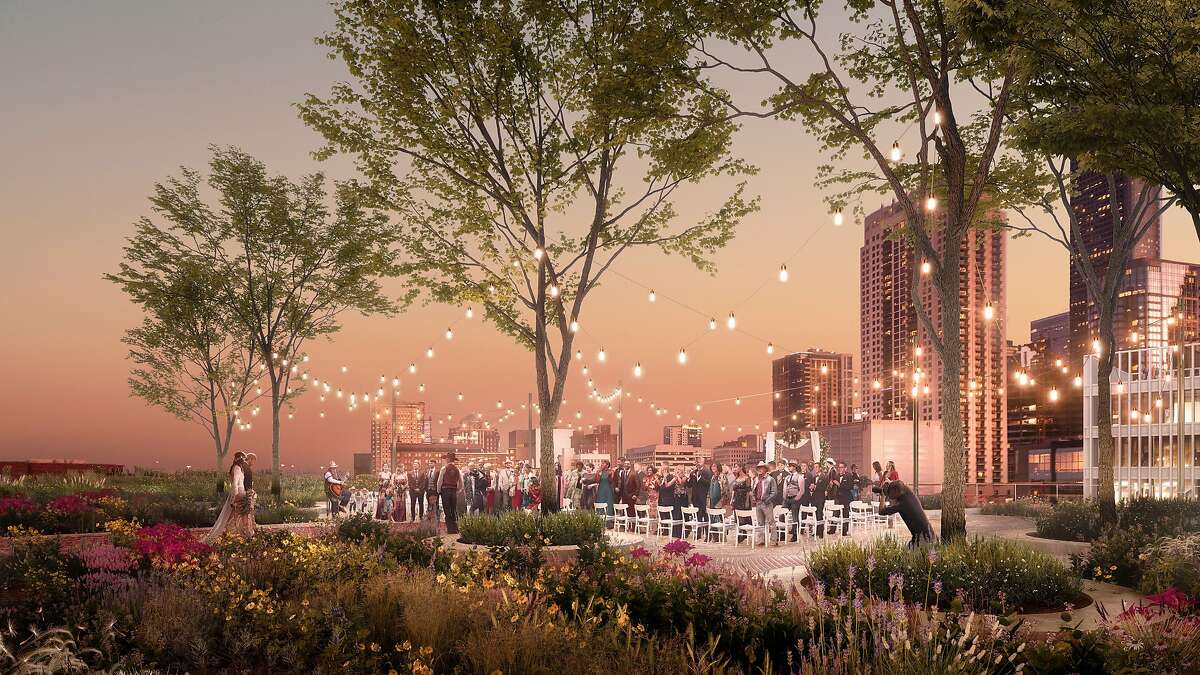 Architectural renderings show the rooftop park, farm and events space being developed atop the former Barbara Jordan Post Office downtown.