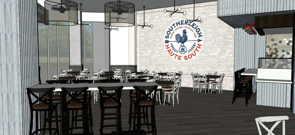 A rendering shows how the bar and dining room will be laid out at Southerleigh Haute South, a casual Southern-style restaurant and bar with fried chicken, seafood and oysters scheduled to open at The Rim Sept. 30.