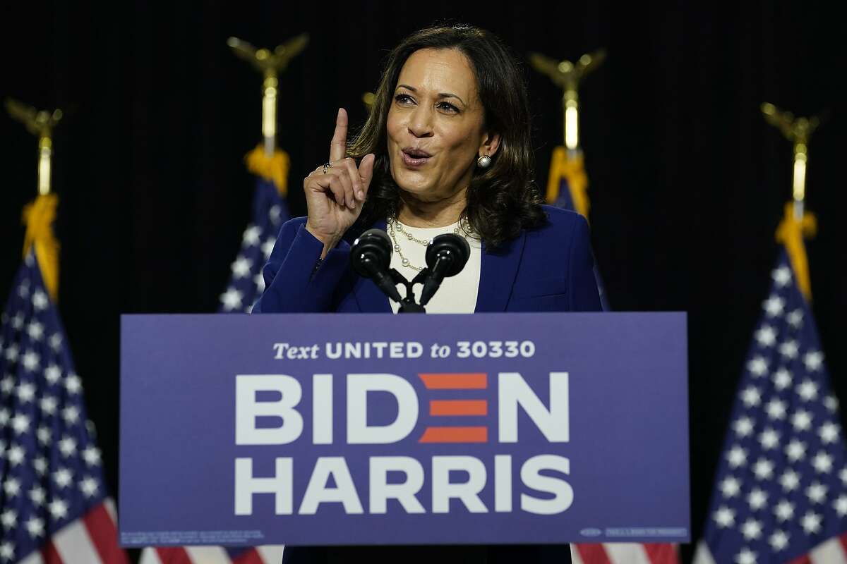 Democratic presidential candidate former Vice President Joe Biden's running mate Sen. Kamala Harris, D-Calif., speaks during a campaign event at Alexis Dupont High School in Wilmington, Del., Wednesday, Aug. 12, 2020. (AP Photo/Carolyn Kaster)