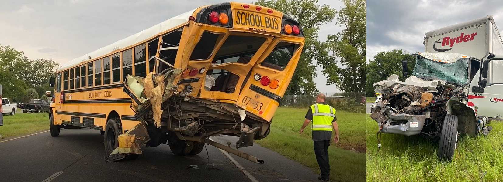 Driver hits back of bus; helps get children out, then collapses and