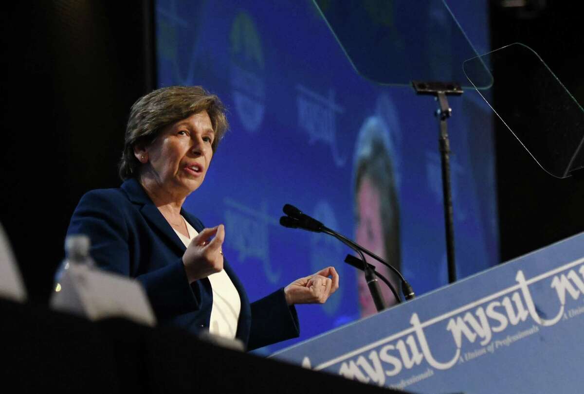 AFT President Randi Weingarten speaks during the NYSUT Representative Assembly on Friday, May 3, 2019 at the Capital Center in Albany, NY. (Phoebe Sheehan/Times Union)