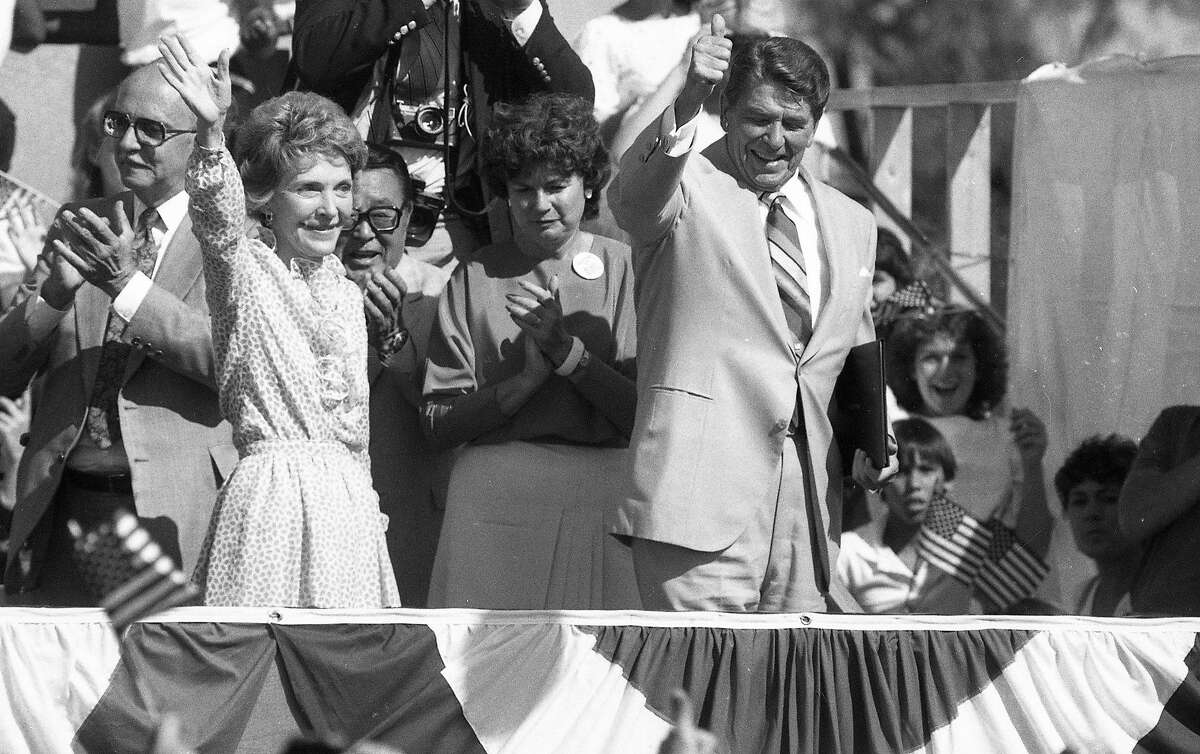 President Ronald Reagan speaks to the crowd at DeAnza College, September 3, 1984