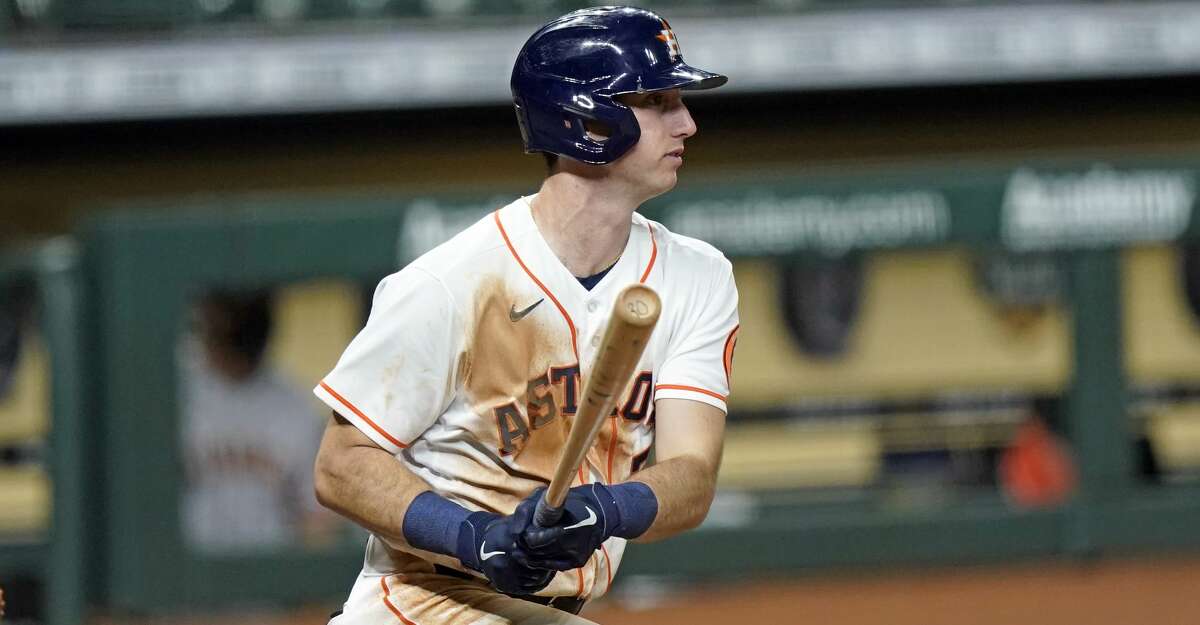 Houston Astros' Kyle Tucker bats against the San Francisco Giants during the fourth inning of a baseball game Monday, Aug. 10, 2020, in Houston. (AP Photo/David J. Phillip)