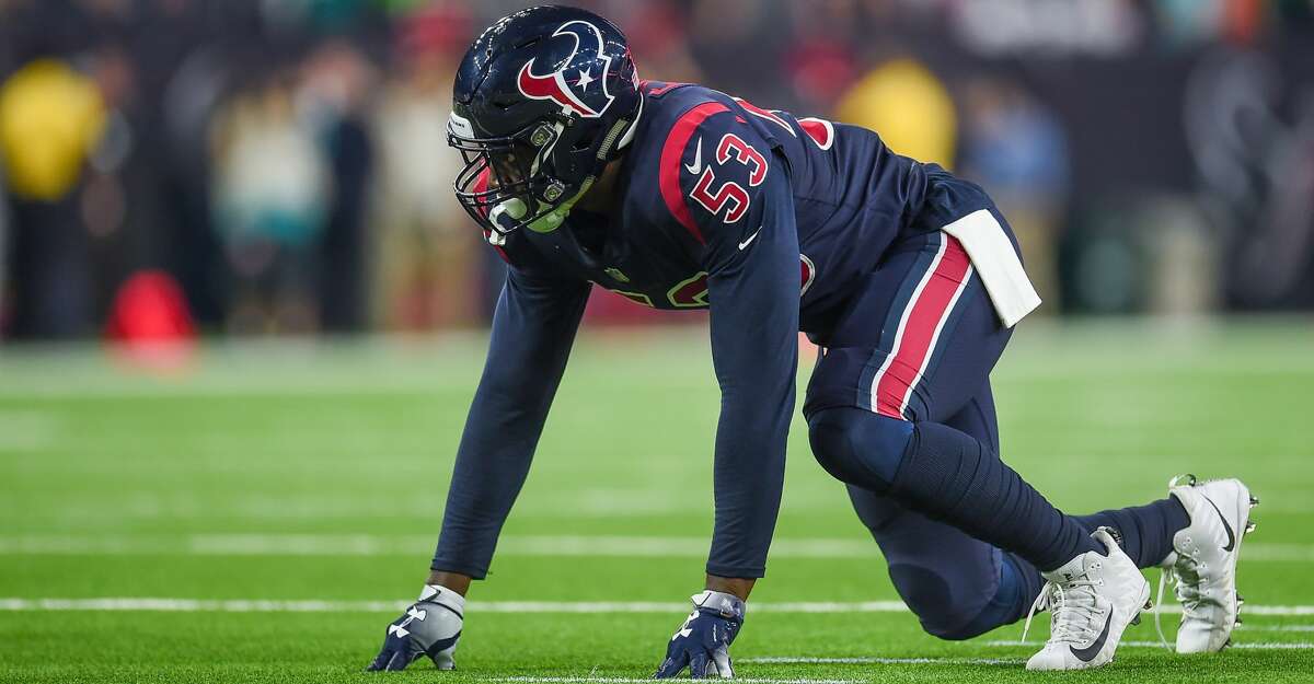 Houston Texans linebacker Duke Ejiofor (53) gets set during the football game between the Miami Dolphins and Houston Texans on October 25, 2018 at NRG Stadium in Houston, Texas. The Texans defeated Miami 42-23. (Photo by Daniel Dunn/Icon Sportswire via Getty Images)
