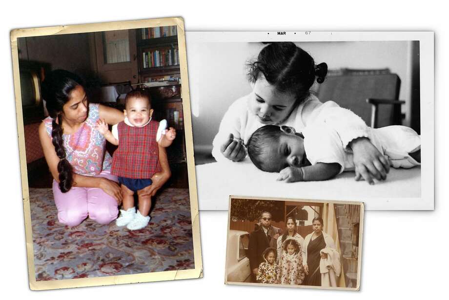 编年史照片说明:在这张未注明日期的照片中，Shyamala Harris抱着她的女儿Kamala。卡玛拉·哈里斯和她的妹妹玛雅，摄于1967年3月。在这张未注明日期的照片中，卡玛拉·哈里斯(前排中间)和她的妹妹玛雅、母亲沙玛拉以及她的外祖父母站在一起。图片:编年史照片拼贴图片从卡玛拉哈里斯竞选