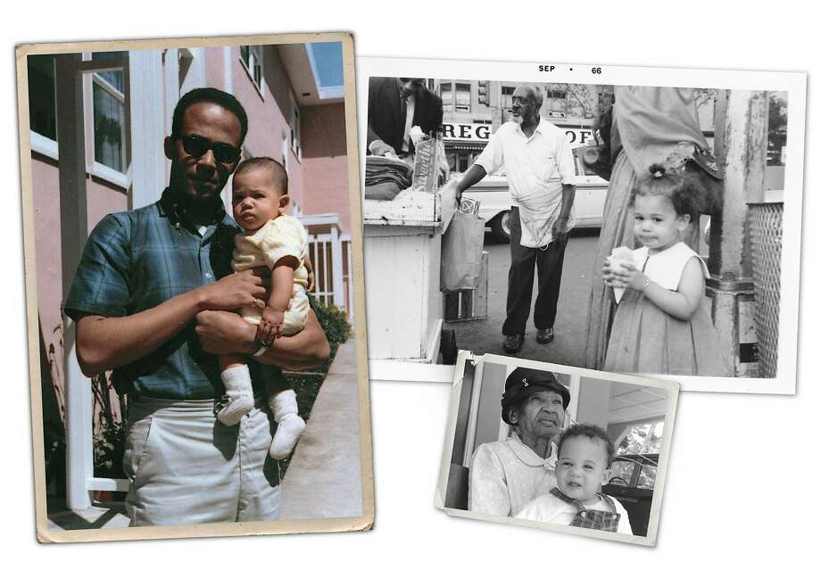 CHRONICLE PHOTO ILLUSTRATION: In this April 1965 photo provided by the Kamala Harris campaign, Donald Harris holds his daughter, Kamala. This September 1966 photo provided by the Kamala Harris campaign shows her during a family visit to the Harlem neighborhood of New York. In this undated photo provided by the Kamala Harris campaign in April 2019, Iris Finegan holds her great granddaughter, Kamala Harris, in Jamaica. Photo: Chronicle Photo Collages With Images From Kamala Harris Campaign Via AP