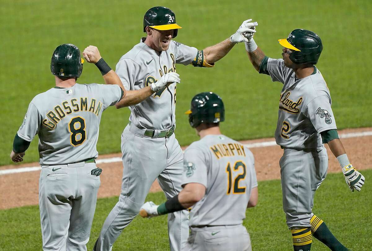 Stephen Piscotty #25, Khris Davis #2, Sean Murphy #12 and Robbie Grossman #8 of the Oakland Athletics celebrate after Piscotty hit a game-tying grand slam against the San Francisco Giants in the top of the ninth inning at Oracle Park on August 14, 2020 in San Francisco, Calif.