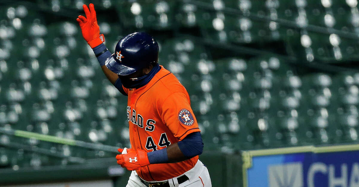 Houston Astros designated hitter Yordan Alvarez (44) rounds the bases after hitting a three-run home run against the Seattle Mariners during the first inning of the MLB game at Minute Maid Park on Friday, Aug. 14, 2020, in Houston.