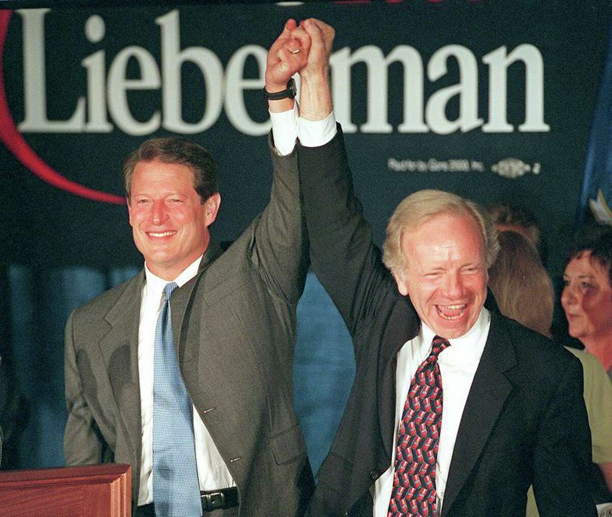 Vice President Al Gore and Senator Joseph Lieberman make a stop in Connecticut at the Italian Center in Stamford Aug. 9, 2000.