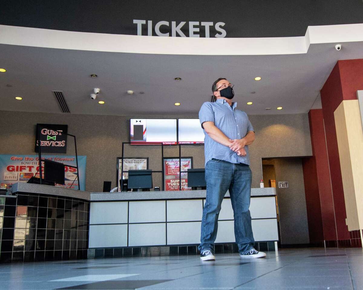 Joe Masher, chief operating officer at Bow Tie Cinemas and president of the National Association of Theater Owners, stands in the vacant lobby of Movieland 6 in Schenectady, NY, on Saturday, Aug. 15, 2020 (Jim Franco/special to the Times Union.)