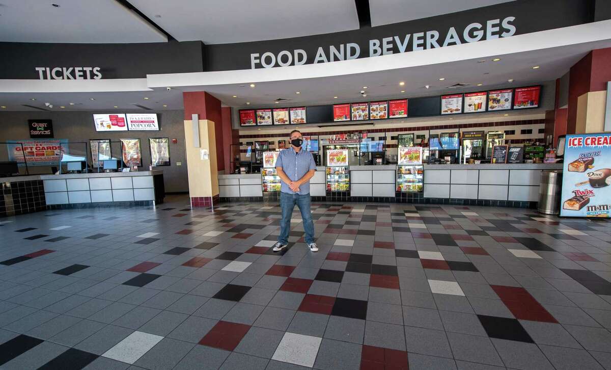 Joe Masher, chief operating officer at Bow Tie Cinemas and president of the National Association of Theater Owners, stands in the vacant lobby of Movieland 6 in Schenectady, NY, on Saturday, Aug. 15, 2020 (Jim Franco/special to the Times Union.)