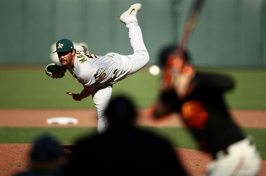 Sean Manaea #55 of the Oakland Athletics pitches against Mike Yastrzemski #5 of the San Francisco Giants in the fourth inning at Oracle Park on August 15, 2020 in San Francisco, California. (Photo by Ezra Shaw/Getty Images) Photo: Ezra Shaw, Getty Images