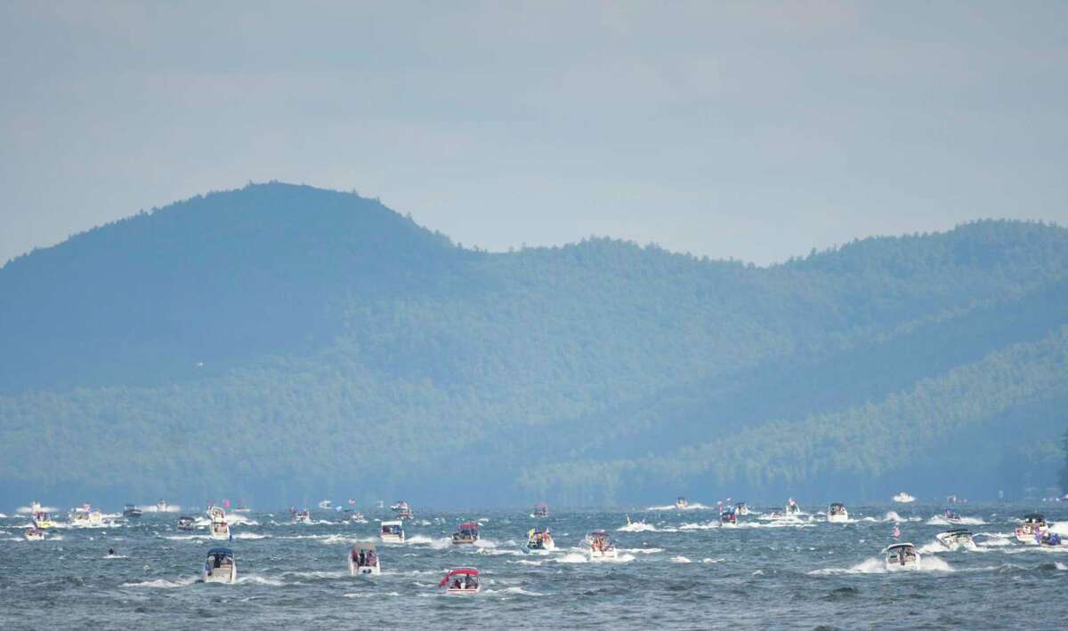 Supporters of President Donald Trump pilot their boats north on Lake George after motoring around the south end during a boat parade on Sunday, Aug. 16, 2020, in Lake George, N.Y. The parade made its way down the lake along the east shore and then returned up the lake on the west shoreline. (Paul Buckowski/Times Union)