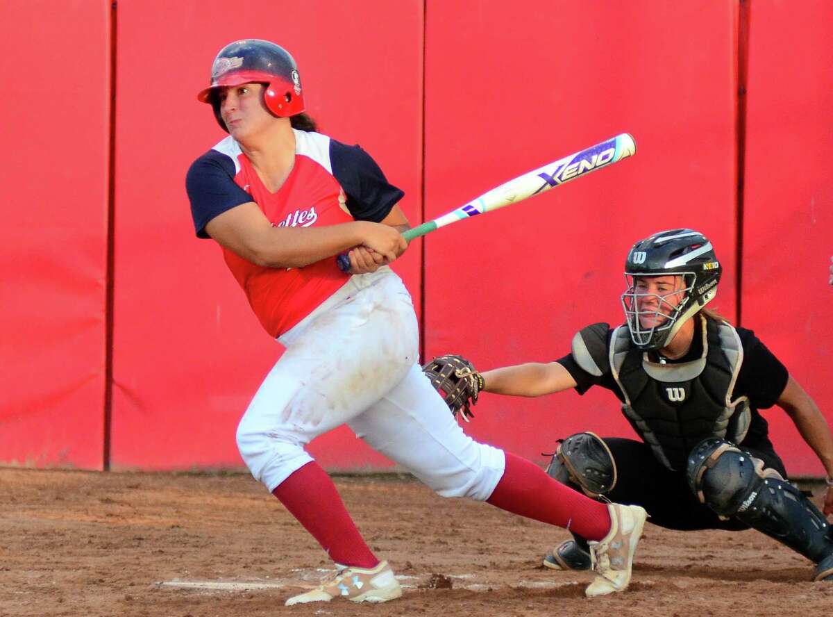 The Stratford Brakettes’ Lauren Pitney swings during against NYC Havoc in 2018 at DeLuca Field in Stratford.