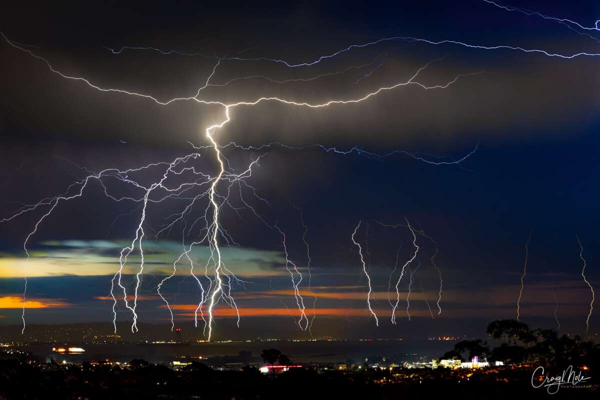 A lightning storm flashes across the Bay Area sky on Aug. 16, 2020.